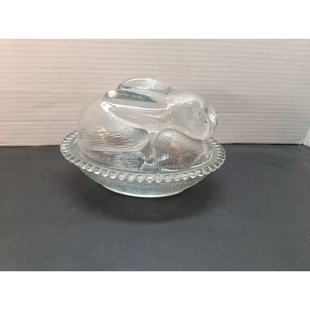 Vintage Indiana Glass Clear Nesting Bunny Rabbit Candy Dish Easter Cottage Core